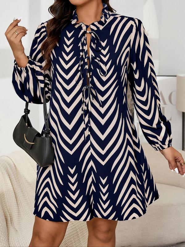  Striped Print Tie Neck Dress, Casual Chevron Print Long Sleeve Dress for Fall & Winter, Women's Clothes for Daily Wear