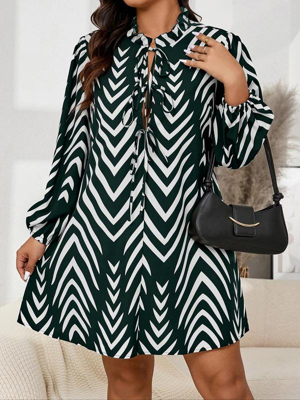  Striped Print Tie Neck Dress, Casual Chevron Print Long Sleeve Dress for Fall & Winter, Women's Clothes for Daily Wear