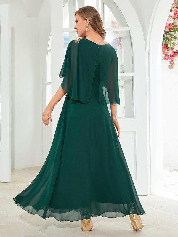 Women's Plain Cloak Sleeve Chiffon Evening Vintage Dress, Summer Clothes Women, Elegant Round Neck Half Sleeve Dress for Wedding Guest, Ladies Summer Clothes