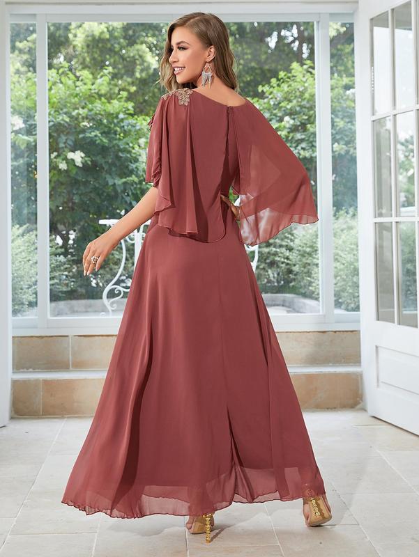 Women's Plain Cloak Sleeve Chiffon Evening Vintage Dress, Summer Clothes Women, Elegant Round Neck Half Sleeve Dress for Wedding Guest, Ladies Summer Clothes