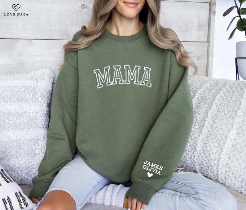 Mama Sweatshirt with Kid Names on Sleeve, Mothers Day Gift, Birthday Gift for Mom, New Mom Gift, Minimalist Cool Mom Sweater