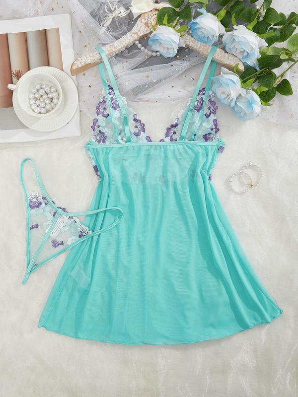 Women's Floral Embroidery Sheer Tulle Sexy Lingerie Set, Adjustable Strap Cami Nightdress & Thong Pajama Set, Soft Comfy Sleepwear Set for Women