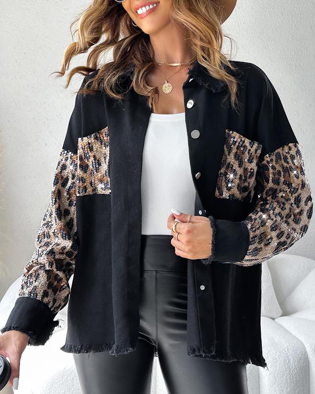 ChicMe Women‘s Contrast Leopard Sequin Patchwork Long Sleeve Jacket Top Button Front Raw Hem Shacket Comfort Outfit