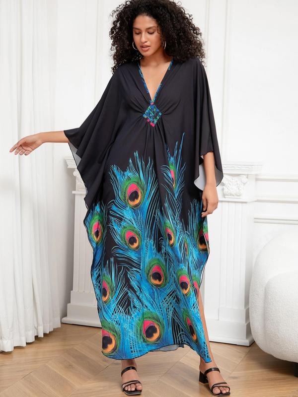 Plus Size Floral Print Ruched Split Hem Batwing Sleeve Cover Up Kaftan Dress, Boho V Neck Long Dress for Beach Holiday Vacation, Women's Clothes for All Seasons Moo Moo Dresses