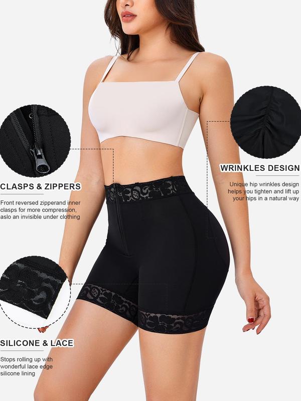 Women's Contrast Lace High Waist Shapewear Shorts, Zipper Fly Tummy Control Butt Lifting Shaper, Women's Shapewear Bottoms for Daily Wear