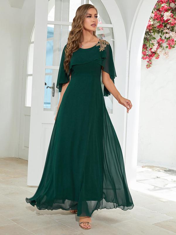 Women's Plain Cloak Sleeve Chiffon Evening Vintage Dress, Summer Clothes Women, Elegant Round Neck Half Sleeve Dress for Wedding Guest, Ladies Summer Clothes