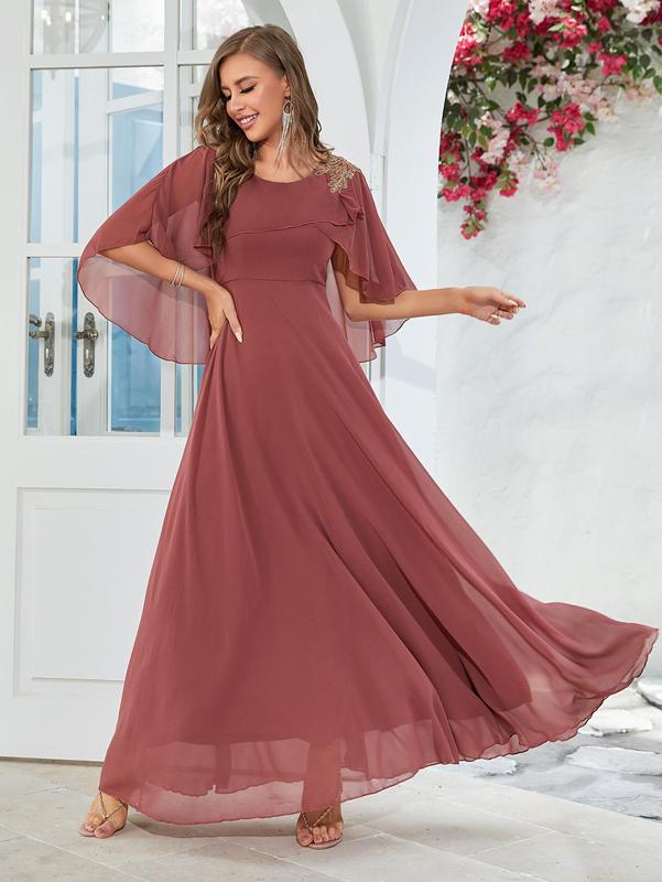 Women's Plain Cloak Sleeve Chiffon Evening Vintage Dress, Summer Clothes Women, Elegant Round Neck Half Sleeve Dress for Wedding Guest, Ladies Summer Clothes