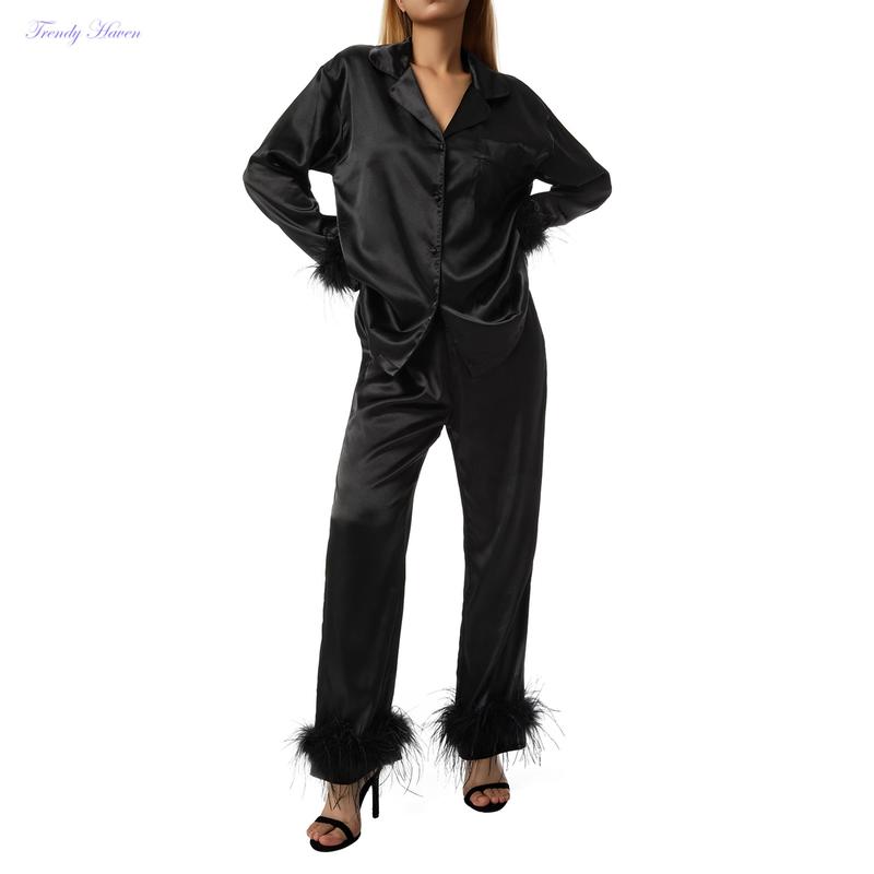 Women's Sleepwear, Feather Decoration Long Sleeve Button-Down Lapel Collar Tops + Pants Pajamas Set Loungewear Womenswear