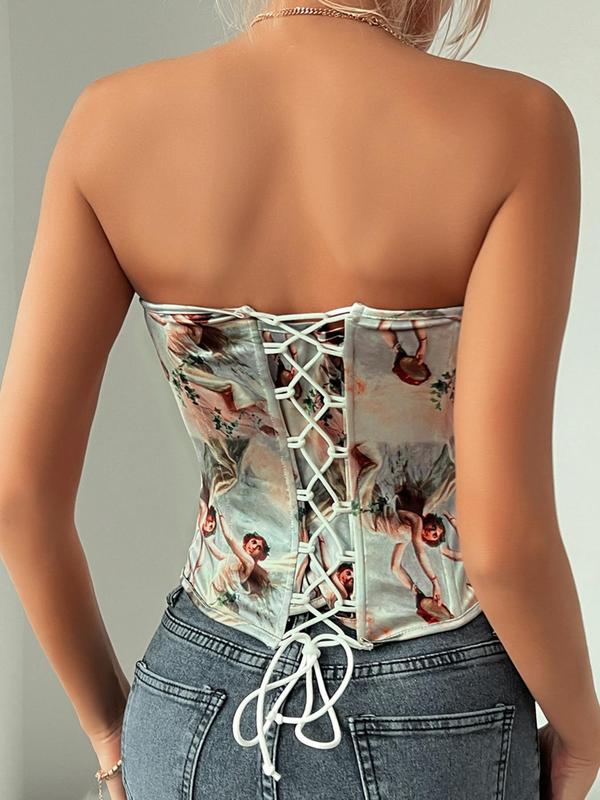 Womenswear Figure Print Backless Corset Tube Top, Back To School Summer Clothes Women, Comfort Street Fashionable 2000s Y2k Strapless Top for Daily Outdoor Wear, Lady Tank Tops for Women, Women Top Clothing for Summer