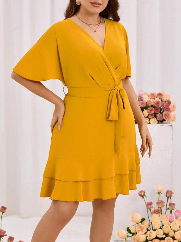  Plain Belted Wrap Ruffle Trim Dress, Elegant Butterfly Sleeve V Neck A Line Dress for Party Wedding Guest, Women's Clothing for Summer