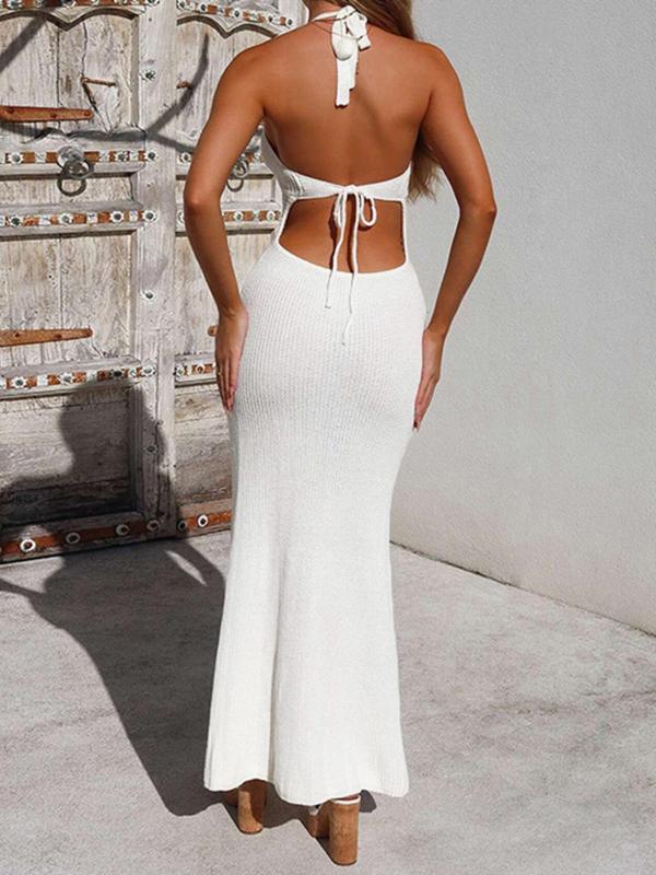 Women's Plain Bow Decor Hollow Out Tie Backless Halter Knitting Mermaid Dress, Dress in Club, Dresses for Women, Summer Dresses 2024, Casual Cut Out Long Milkmaid Holiday Dresses for Summer Beach, Birthday Dresses 2024, Homecoming Dresses