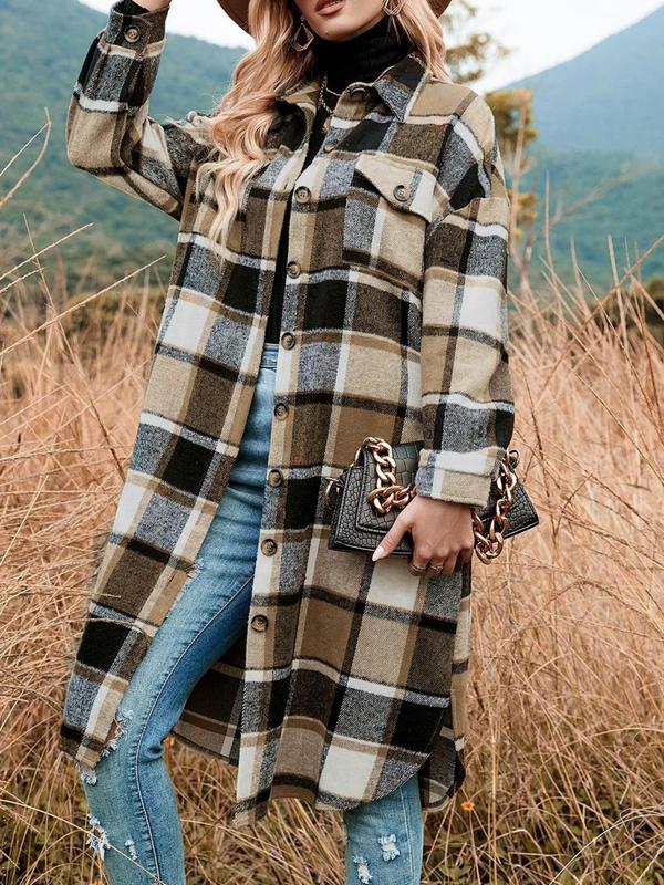 Women's Plaid Print Button Front Drop Shoulder Shirt Coat, Casual Long Sleeve Collared Flap Pocket Outerwear for Fall & Winter, Ladies Clothes for Daily Wear