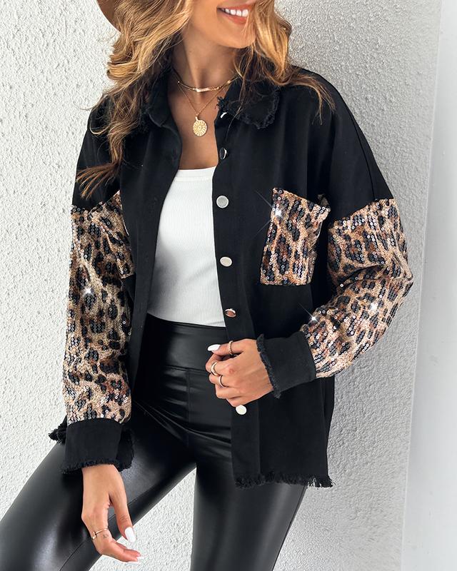 ChicMe Women‘s Contrast Leopard Sequin Patchwork Long Sleeve Jacket Top Button Front Raw Hem Shacket Comfort Outfit