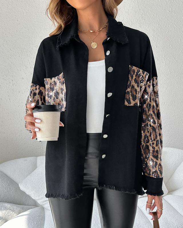 ChicMe Women‘s Contrast Leopard Sequin Patchwork Long Sleeve Jacket Top Button Front Raw Hem Shacket Comfort Outfit