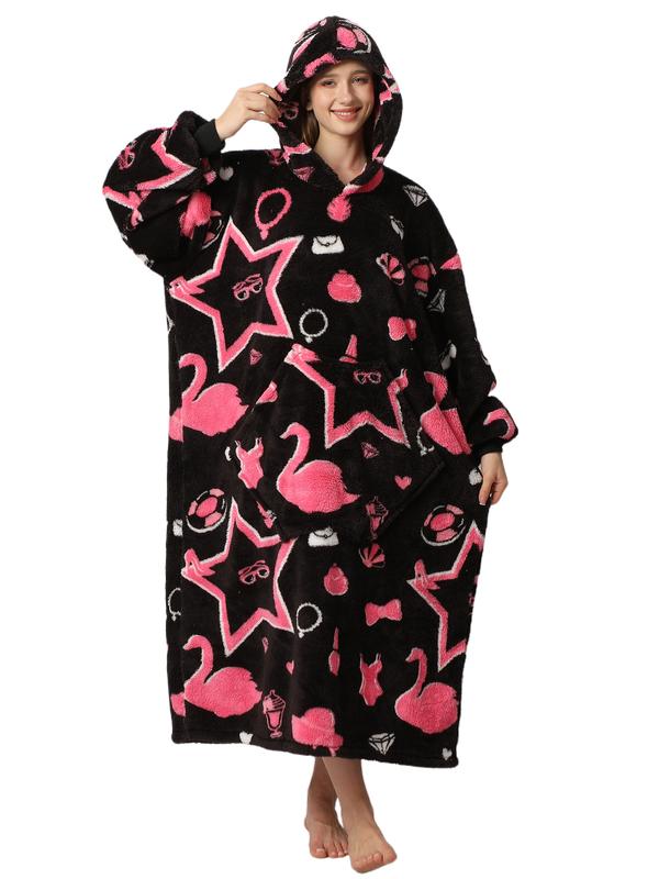 Cute Cartoon Pattern Hooded Blanket for Women Men, 1Pcs Oversized Wearable Hooded Nightwear Loungewear Womenswear Sweatshirt Pullover, Warm and Cozy, Christmas Day Gift Large Pocket Pajamas