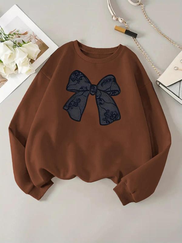 Women's Plain Bow Print Drop Shoulder Pullover, Casual Long Sleeve Crew Neck Sweatshirt for Daily Wear, Ladies Clothes for All Seasons