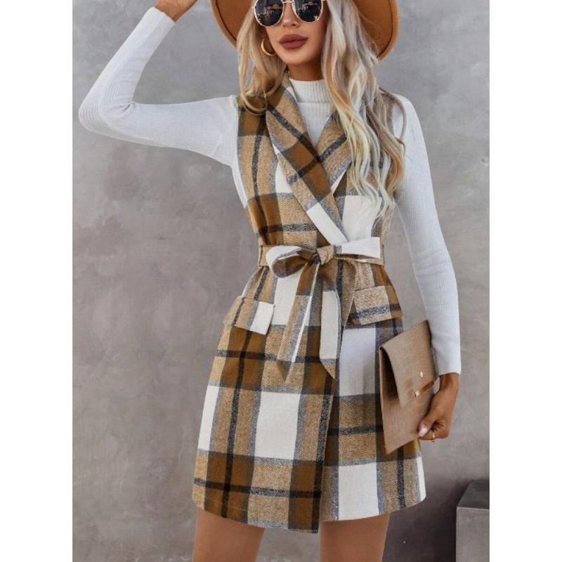 Autumn and Winter Check Tweed Vest Female Suit Collar Sleeveless Cardigan Mid-Length Coat