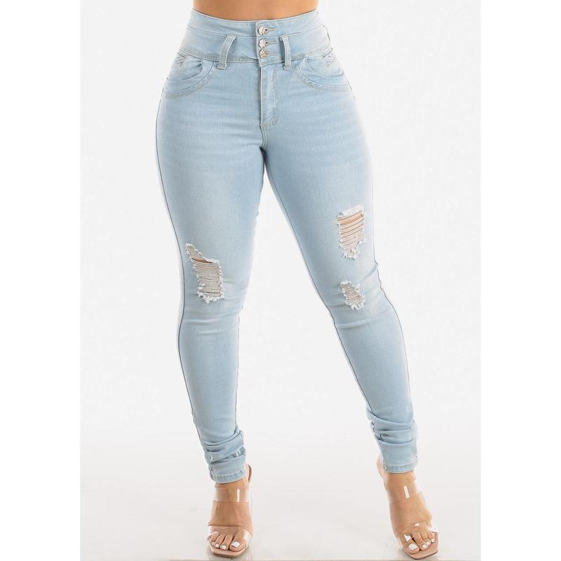 High Waist Butt Lift Distressed Skinny Jeans Light Wash