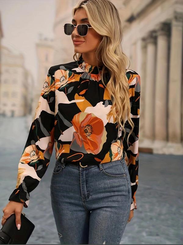 Women's All Over Floral Print Frill Trim Mock Neck Blouse, Elegant Fashion Casual Flounce Sleeve Top for Daily Outdoor Wear, Women Clothing for All Seasons