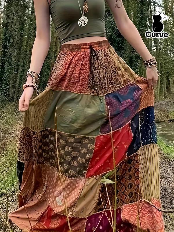 Plus Size Ethnic Patchwork Pattern Drawstring Waist A Line Skirt, Boho Fashion Casual Long Skirt for Daily Holiday Vacation Beach, Women Plus Clothing for Summer