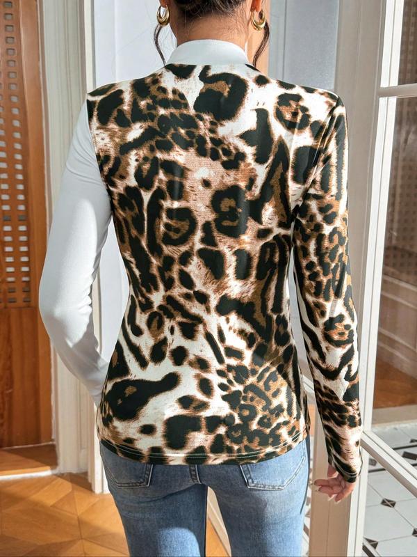 Women's Leopard Print Button Front Tee, Casual Long Sleeve Stand Collar T-Shirt for Fall & Winter, Women's Clothing for Daily Wear