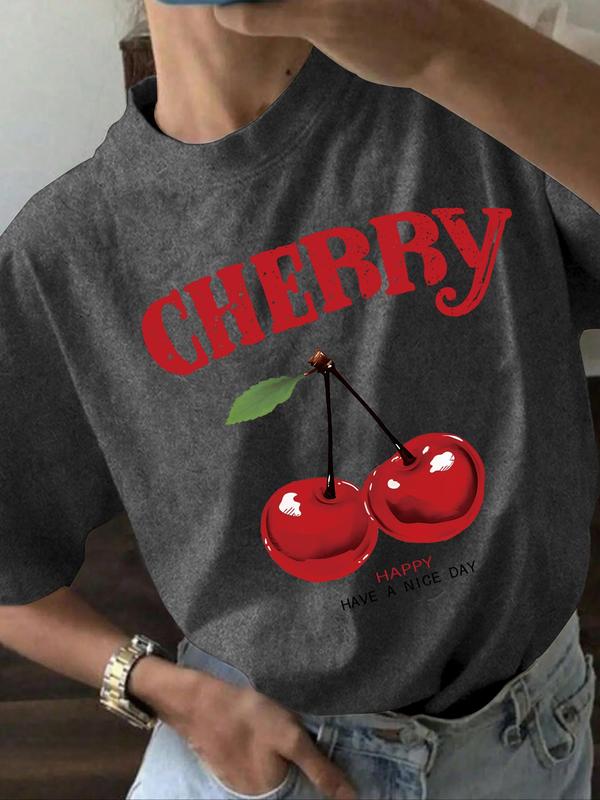 Women's Cherry & Letter Print Drop Shoulder Tee, Trendy Short Sleeve Round Neck T-Shirt, Ladies Clothes for Daily Wear