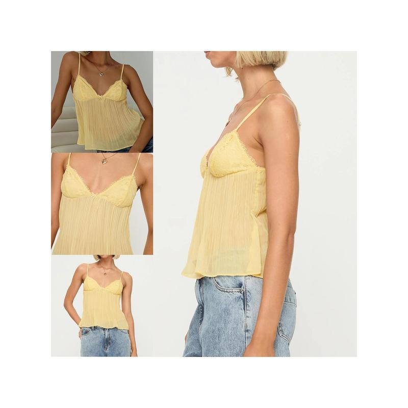 Women's Pleated Camisole Mini Bowknot Front Spaghetti Strap V-Neck Lace Cropped Tops Sleeve Sleeveless