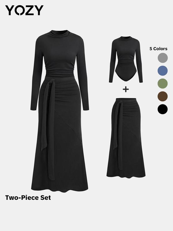 YOZY Christmas Deals, Women's Solid Ruched Mock Neck Bodysuit & Knot Side Skirt Two-piece Set, Casual Fashion Cozy Long Sleeve Hook & Eye Closure Crotch Bodysuit & Skirt, Christmas 2024 Trend, Fall & Winter Outfits