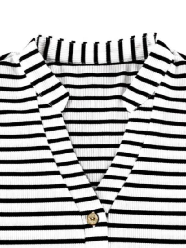 Women's Striped Print Button Front Tee, Casual Long Sleeve Notched Neck Top for Spring & Fall, Women's Clothing for Daily Wear