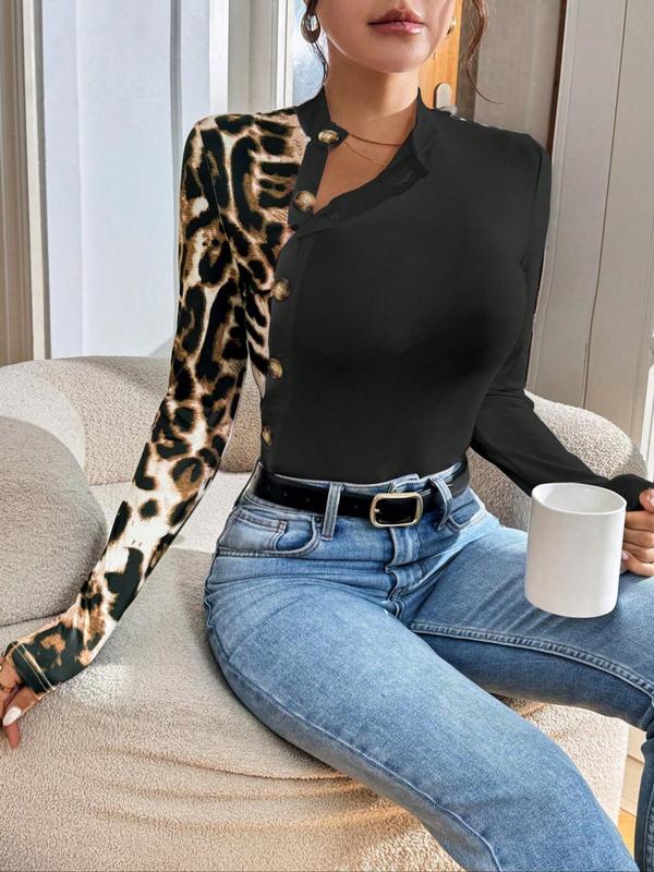 Women's Leopard Print Button Front Tee, Casual Long Sleeve Stand Collar T-Shirt for Fall & Winter, Women's Clothing for Daily Wear