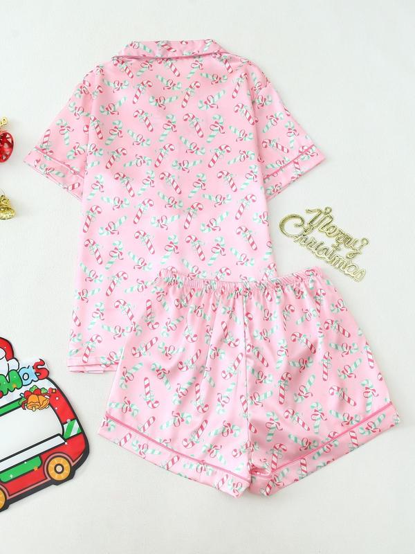 Two-piece Set Women's Christmas Print Bow Decor Lapel Neck Pajama, Casual Comfy Short Sleeve Button Up Top & Elastic Waist Shorts Pj Set, Ladies Sleepwear for All Seasons