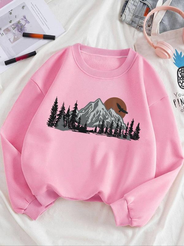 Women's Mountain & Moon Print Drop Shoulder Sweatshirt, Casual Long Sleeve Round Neck Pullover for Fall & Winter, Ladies Clothes for Daily Wear