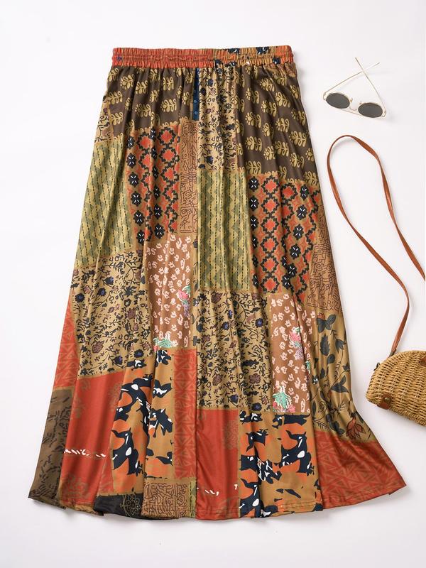 Plus Size Ethnic Patchwork Pattern Drawstring Waist A Line Skirt, Boho Fashion Casual Long Skirt for Daily Holiday Vacation Beach, Women Plus Clothing for Summer