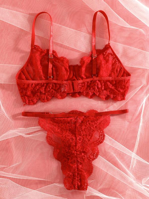 Women's Floral Lace Underwire Bra & Thong Set, Casual Comfy Breathable Adjustable Strap Bra & Panty Set, Lingerie Set for Women