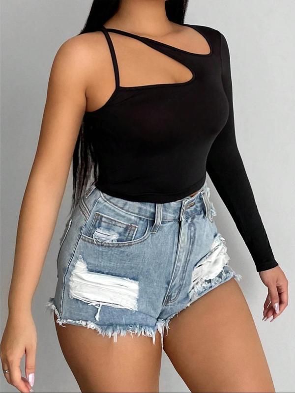 Women's Plain Criss Cross Backless Cut Out One Shoulder Crop Tee, Asymmetrical Neck Long Sleeve T-Shirt for Summer, Ladies Clothes for Daily Wear