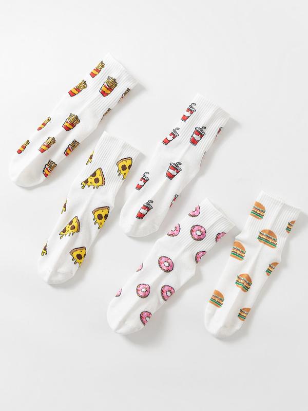 Women's 5 Pairs Cartoon Food Print Crew Socks, Casual Moisture Wicking Socks, Soft Comfy Breathable Socks, Cute Socks for Women Girls