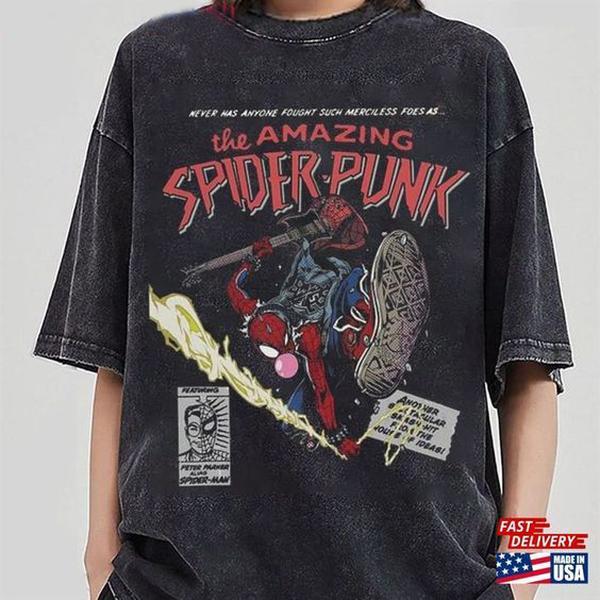 Vintage 90S The Amazing Spider Punk T-Shirt Retro SSpider-mann Comic Shirt Sweatshirt Unisex Top Shortsleeve Round Neck Tshirt