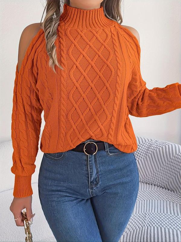 Women's Plain Cut Out Cold Shoulder  Cable Knit Sweater, Casual Long Sleeve Jumper for Fall & Winter, Fashion Ladies' Knitwear for Daily Wear