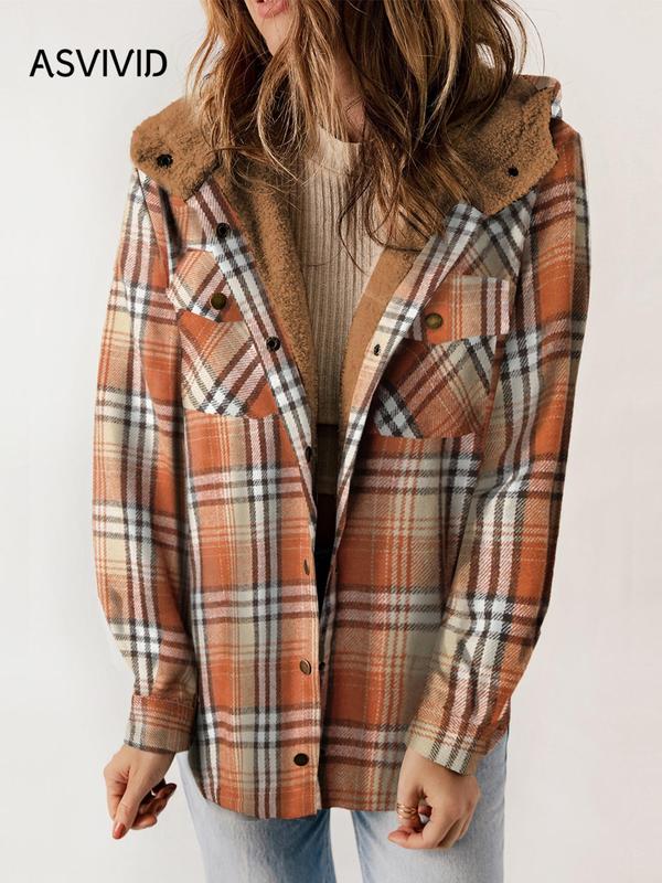 Women's Plaid Print Button Front Hooded Coat, Casual Mufti Clothes, Long Sleeve Pocket Coat for Fall, Ladies Outerwear for Daily Wear, Fall Outfits, Fallfreshness, Halloween, Halloween Costume