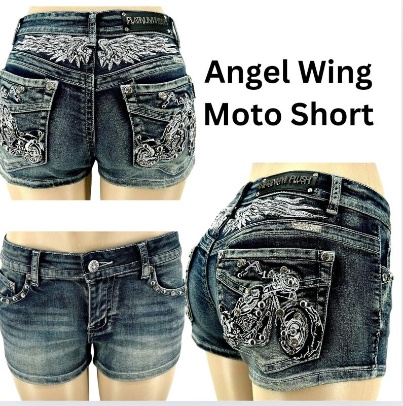 McBling Denim Shorts Y2K Mid Waist Skull Wing Cross Plus Size Stretchy biker rocker vintage Rock  rhinestone vaquera Retro Embroidered street Women