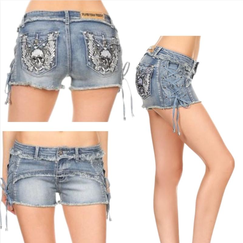 McBling Denim Shorts Y2K Mid Waist Skull Wing Cross Plus Size Stretchy biker rocker vintage Rock  rhinestone vaquera Retro Embroidered street Women