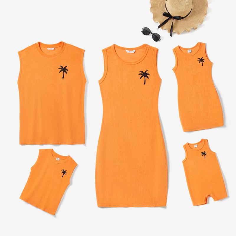 PatPat Family Matching Orange Terry Tank Top and Bodycon Tank Dress Sets