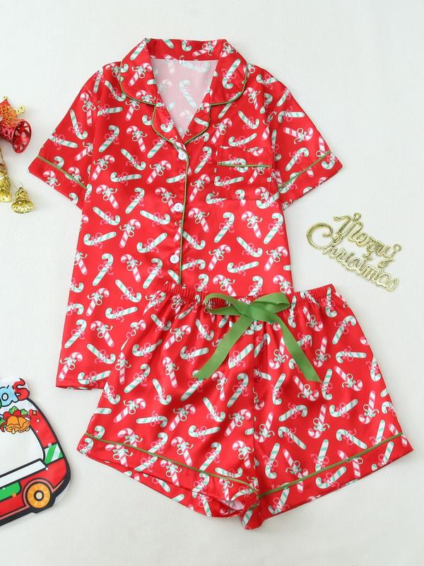 Two-piece Set Women's Christmas Print Bow Decor Lapel Neck Pajama, Casual Comfy Short Sleeve Button Up Top & Elastic Waist Shorts Pj Set, Ladies Sleepwear for All Seasons