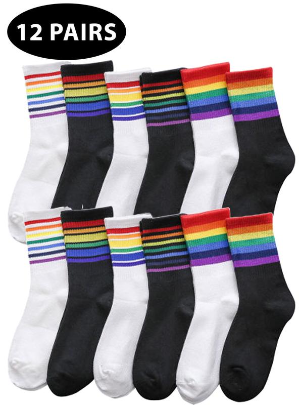 Women's Rainbow Stripe Print Crew Socks, Casual Comfy Breathable Mid-calf Socks for Daily Wear, Women's Socks for All Seasons