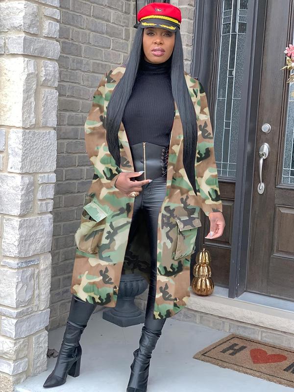 Women's Camo & Letter Print Lapel Trench Coat, Coats for Women, Casual Fashion Long Sleeve Open Front Coat for Daily Outdoor Wear,  Winter Clothes Women, Ladies Clothes for All Seasons