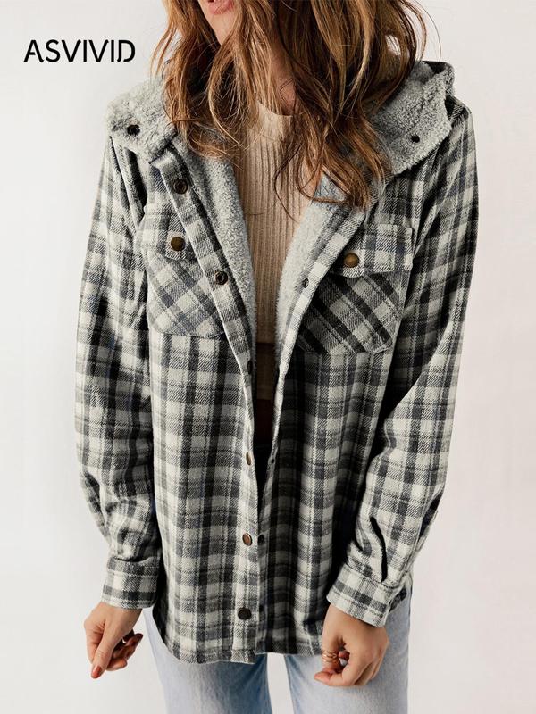 Women's Plaid Print Button Front Hooded Coat, Casual Mufti Clothes, Long Sleeve Pocket Coat for Fall, Ladies Outerwear for Daily Wear, Fall Outfits, Fallfreshness, Halloween, Halloween Costume