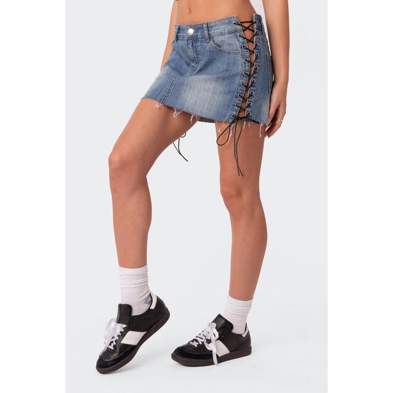 Side Lace Up Denim Mini Skirt