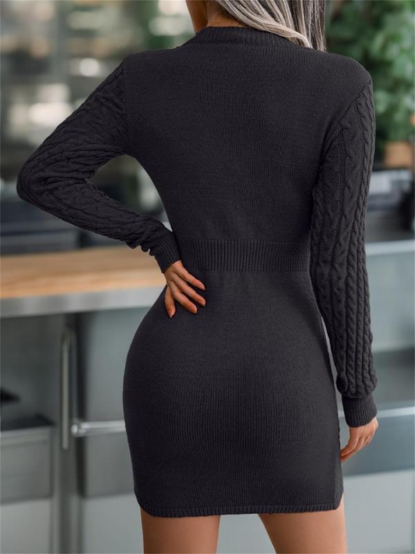 Women's Textured Cut Out Round Neck Sweater Dress, Casual Long Sleeve Crew Neck Bodycon Knit Dress for Fall & Winter, Women's Knitwear for Daily Wear