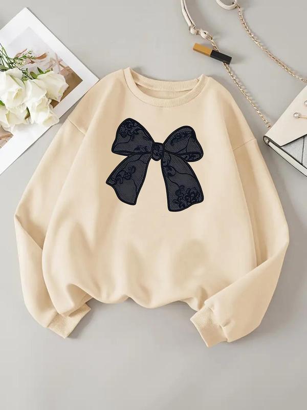 Women's Plain Bow Print Drop Shoulder Pullover, Casual Long Sleeve Crew Neck Sweatshirt for Daily Wear, Ladies Clothes for All Seasons