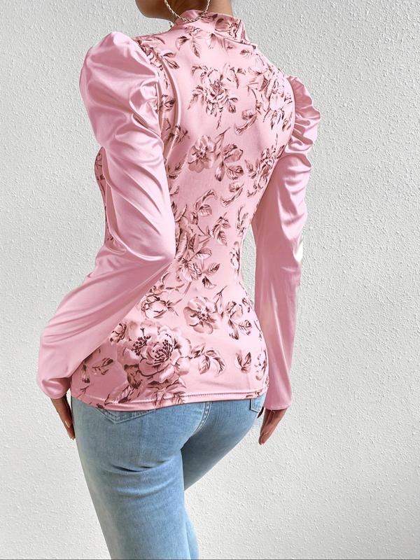 Women's Floral Print Leg-of-mutton Sleeve Tee, Elegant Fashion Casual Stand Collar T-shirt for Daily Outdoor Wear, Women Clothing for All Seasons